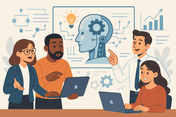 Diverse business team collaborating on artificial intelligence and machine learning development, brainstorming technology innovation, data analysis, teamwork, digital strategy, vector illustration