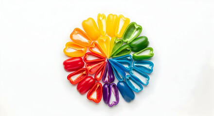 Radiant Spectrum Slices A Wheel Of Sweet Peppers Displayed On White Backdrop