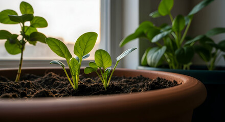 New Growth Emerging From Soil In Potted Plants By Bright Window Light