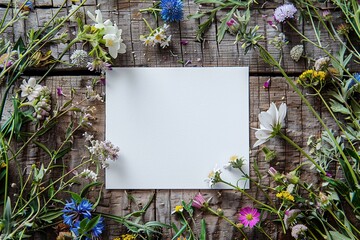 Styled top view mockup with white card, natural flowers and vintage rustic wooden texture for branding or social media