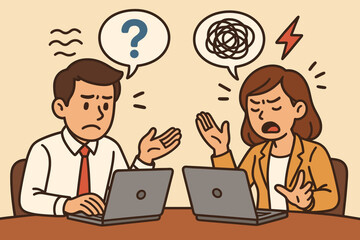 Office conflict misunderstanding and poor communication between male and female coworkers. Confused businessman and frustrated businesswoman arguing at work. Vector cartoon workplace illustration