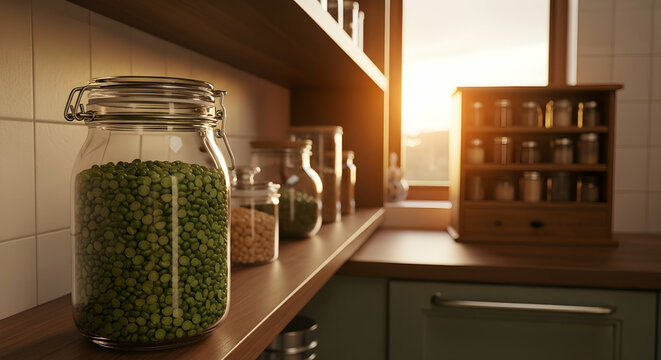 Pantry Shelf With Jars Containing Legumes And Spices With Sunlight