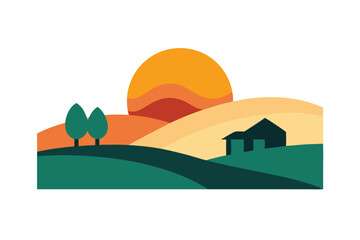 Serene Landscape: A vibrant illustration showcasing rolling hills, trees, and a house bathed in the warm glow of the setting sun, creating a peaceful and inviting scene.