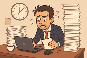 Stressed Overworked Businessman Facing Deadline Pressure at Office Desk with Paperwork, Laptop, Coffee, Clock, Anxiety, Time Management, Workplace Burnout, Cartoon Vector Illustration
