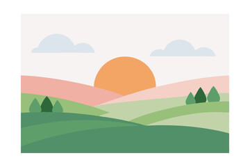 Obraz premium Serene Sunrise Landscape: An illustration captures the dawn, where the sun rises over rolling hills. The scene is infused with serenity, calm and beauty.