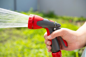The gardener waters the plants with a hose. A stream of water sprays from a garden hose.