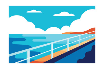 Ocean View Deck: A stylized illustration of a ship's deck overlooking a vibrant ocean scene under a bright blue sky.