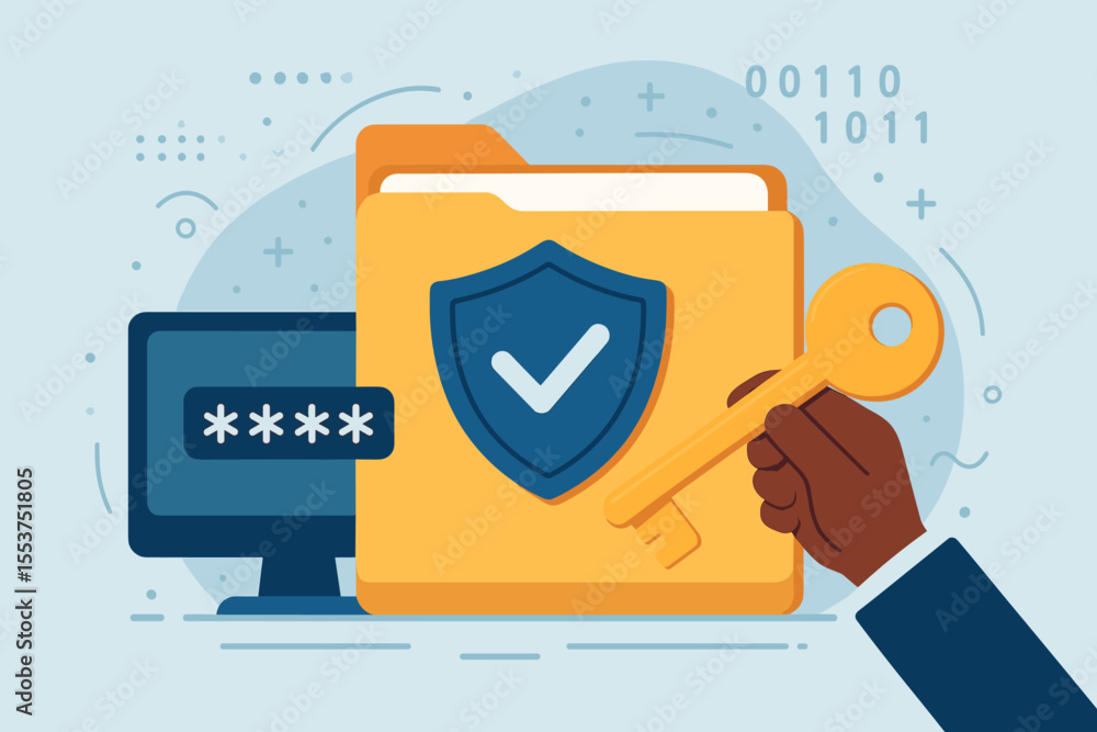 Poster cybersecurity data protection concept. secure digital file access with password, encryption, securit
