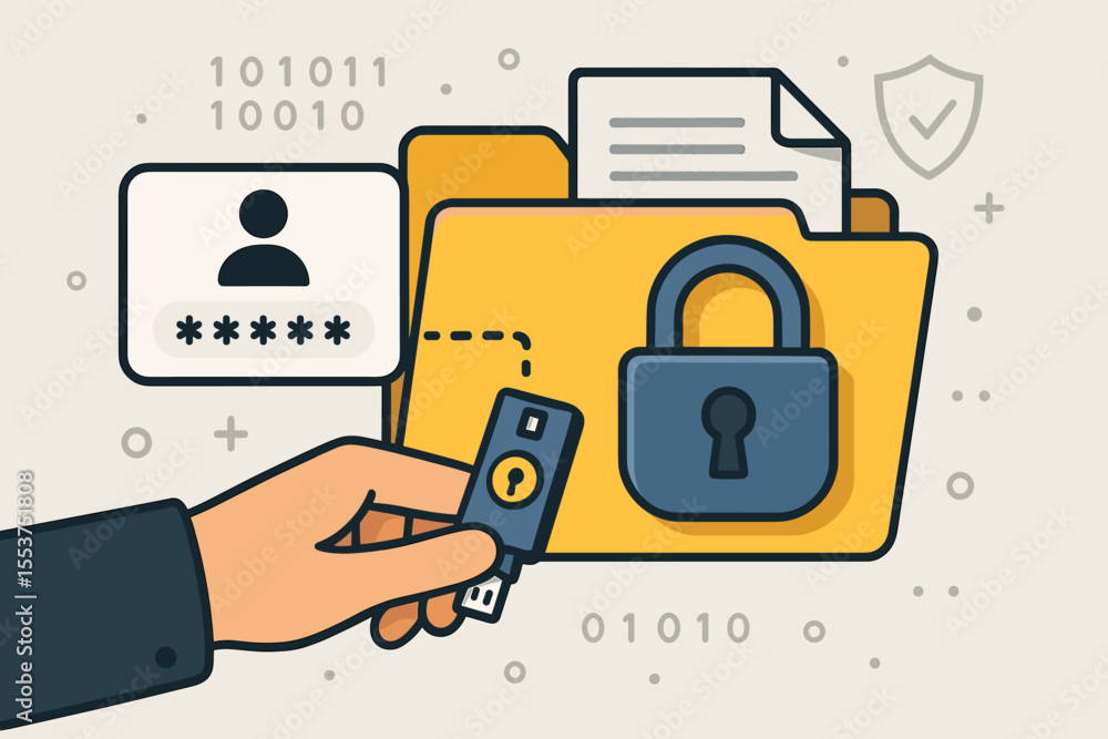 Poster cybersecurity data protection concept. secure digital file access with password, encryption key, usb