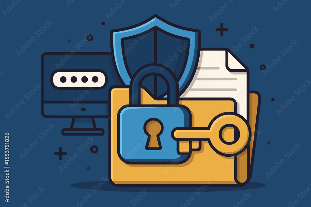 Poster cybersecurity data protection concept. secure digital file access with password, shield, lock, key, 