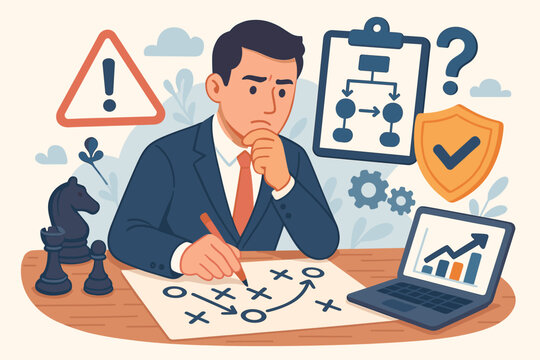 Business strategy planning risk management concept. Cartoon businessman analyzing backup plans, contingency options, decision making, process flow, growth chart, warning, chess, gears, shield