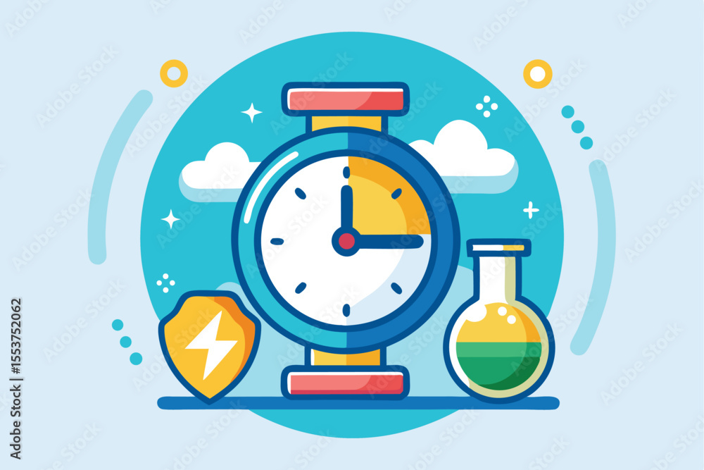 Poster countdown timer for important deadlines featuring various elements like a shield and a flask in a co