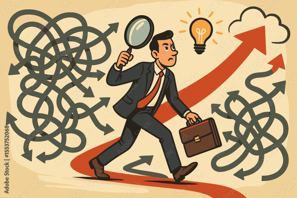 Poster businessman finding solutions navigating complexity, problem solving with magnifying glass, briefcas