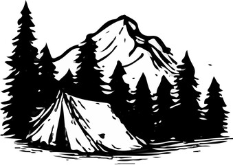 Ink-style badge of a bear walking among pine trees with rustic “Stay Wild” phrase