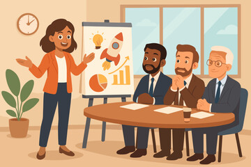 Businesswoman presenting startup idea to investors in boardroom meeting. Pitch presentation with rocket, growth chart, pie graph. Teamwork, innovation, business strategy, investment concept vector