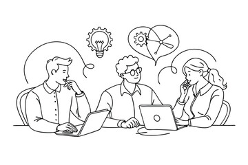 Company founders engage in innovative discussions using laptops for strategic planning and brainstorming business ideas in a collaborative workspace