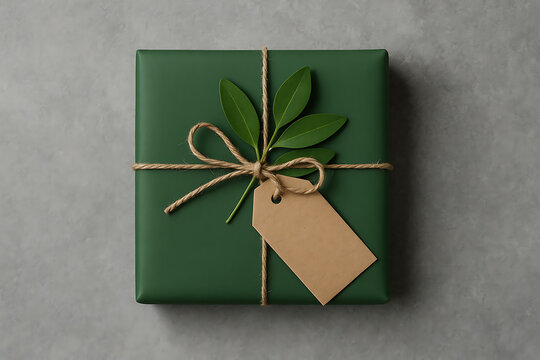 A minimalist green gift box adorned with a natural leaf and twine, featuring a blank tag for personalized messages and eco-friendly celebrations.