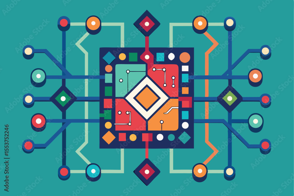 Poster geometric pathways of a flat circuit board showcasing electronic design with colorful shapes on a br