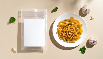 Transparent Pasta Bag Mockup Beside Plate Of Fusilli And Garlic On Beige Background