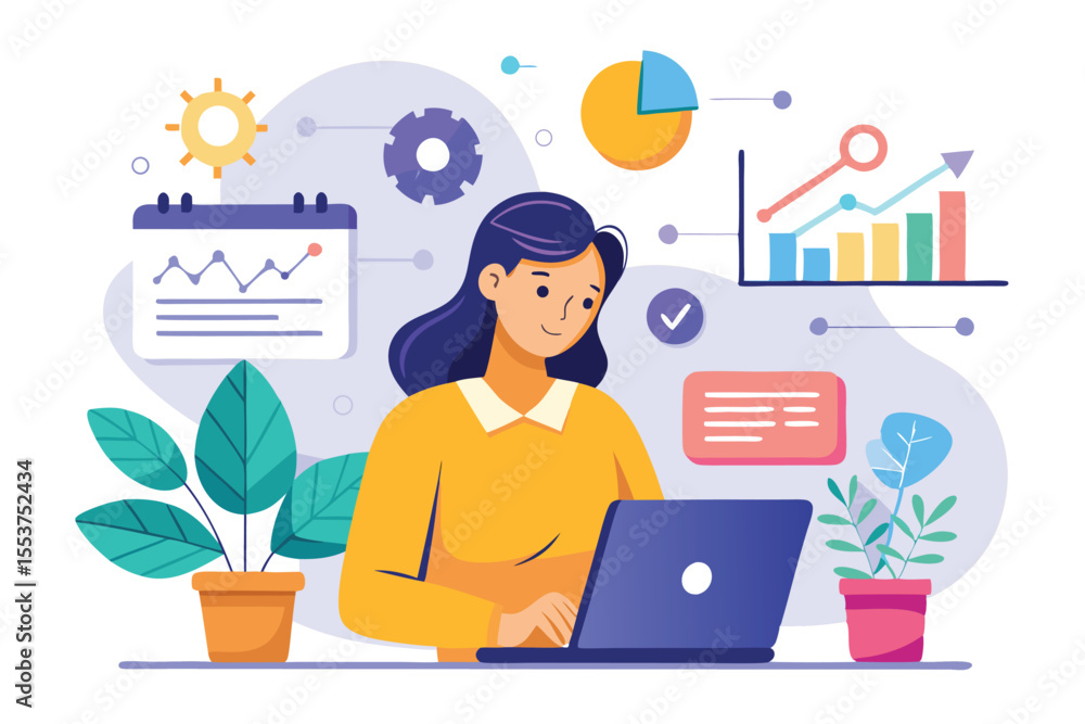 Poster woman analyzes data and plans work using a laptop while surrounded by plants and visual elements rep