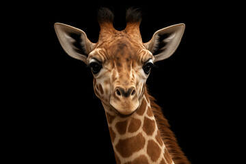 Obraz premium Striking close-up portrait of a young giraffe with captivating eyes against a stark black background, highlighting its natural beauty