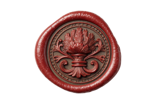 PNG Antique red wax seal with ornate floral pattern on black background