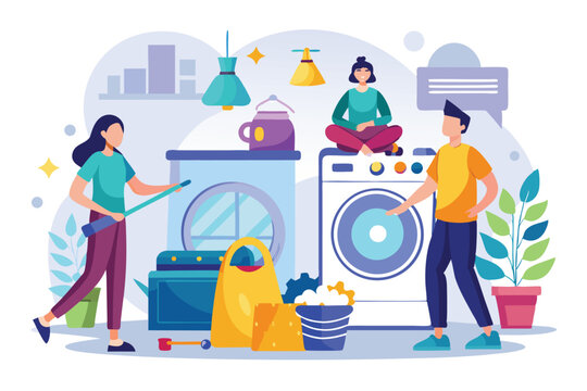 Public laundry and dry cleaning setting with young adults engaging in laundry tasks and enjoying a communal area in a vibrant space