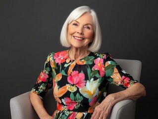 A graceful senior woman with a radiant smile, sitting on a chair and wearing a vibrant floral dress against a dark background.