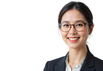 Portrait of a beautiful, smiling businesswoman in a suit, wearing glasses, isolated on transparent background
