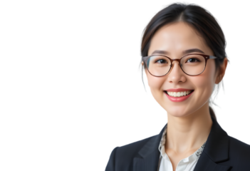 Portrait of a beautiful, smiling businesswoman in a suit, wearing glasses, isolated on transparent background