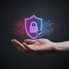 Human hand holding a glowing digital shield with a padlock and checkmark