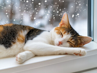 Cozy Cat Napping on Snowy Windowsill