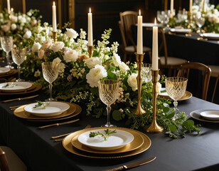 A beautuful gold wedding banquest table setting