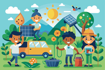 Obraz premium Young cartoon characters actively engaging in environmental protection efforts while promoting sustainability in a vibrant landscape with solar panels and blossoming nature