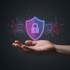 Human hand holding a glowing digital shield with a padlock symbol and circuit board elements