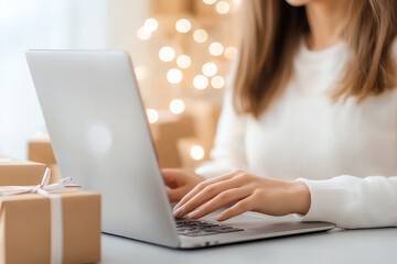 Fototapeta premium woman is sitting at table, using laptop while surrounded by wrapped gifts, creating cozy and festive atmosphere. soft bokeh lights in background enhance warm feeling of scene