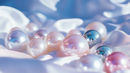 Fototapeta premium Delicate arrangement of glossy pearls on soft fabric under soft lighting