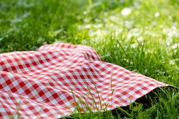 Red checked cloth on grass, checkered picnic towel empty space food advertisement design.