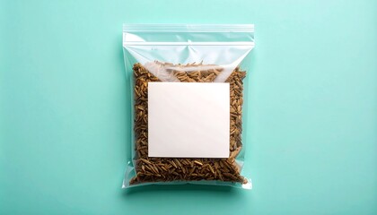 Transparent Pouch Of Whole Cumin Seeds With Blank Label On Teal Backdrop