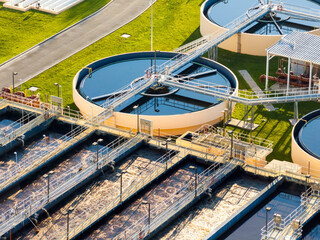 Water treatment facility at city wastewater cleaning plant. Purification process of removing...