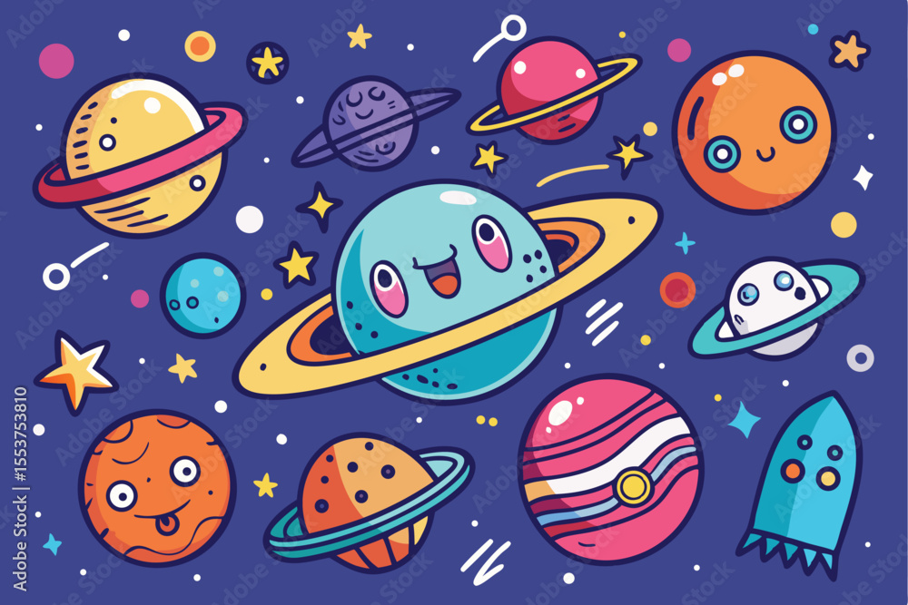 Poster cute cosmic bundle of doodled spaceships and planets in a vibrant outer space setting filled with st