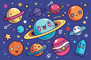 Cute cosmic bundle of doodled spaceships and planets in a vibrant outer space setting filled with stars and charming characters