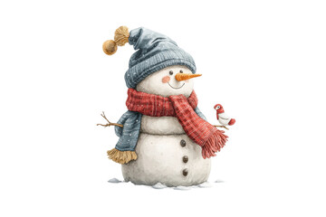 PNG Cheerful snowman with scarf, hat, and bird on snowy day