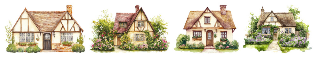 PNG Charming cottages with lush gardens, element set on transparent background