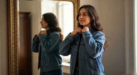 Woman adjusting her jacket in front of the mirror
