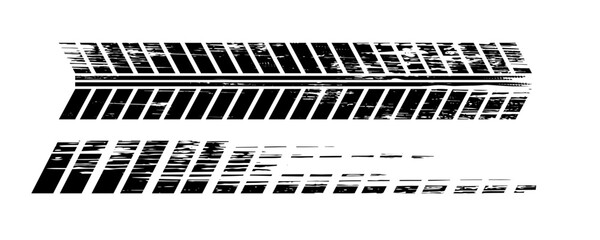 Auto tire tread grunge element. Car and motorcycle tire pattern, wheel tyre tread track. Black tyre print. Vector illustration isolated on white background.