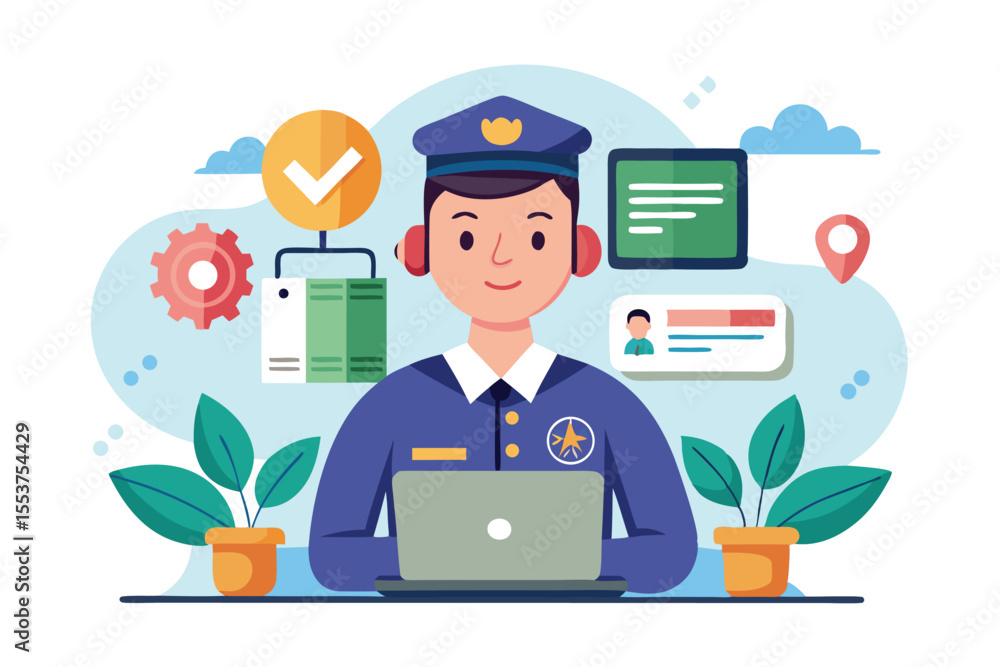 Poster online service officer working at a desk, utilizing technology and engaging with various digital ele
