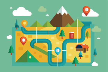 Exploring a simple geometric map concept featuring winding roads, mountains, and landmarks for adventure planning
