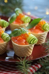 Tasty canapes and fir tree branches on table, closeup