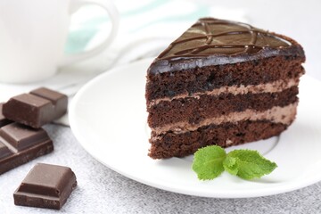 Piece of delicious chocolate cake with mint on grey table, closeup
